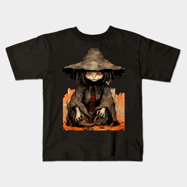 Halloween Apprentice: The Little Goblin Witch on a dark (knocked out) background Kids T-Shirt by Puff Sumo